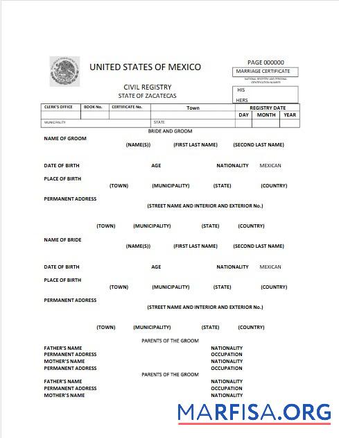 Printable United States of Mexico Civil registry of Zacatecas marriage certificate real example